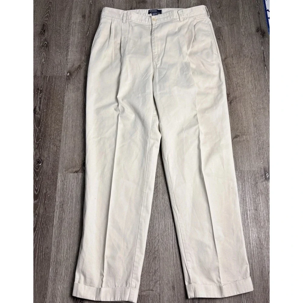 Vtg‎ Polo Ralph Lauren Hammond Pants 38x32 (Fits 36x31) Bone Pleated Cuff Chino